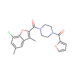 Cc1cc(Cl)c2oc(C(=O)N3CCN(C(=O)c4ccco4)CC3)c(C)c2c1 ZINC000012074083