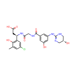 Cc1cc(Cl)cc([C@@H](CC(=O)O)NC(=O)CNC(=O)c2cc(O)cc(NC3=NC[C@@H](O)CN3)c2)c1O ZINC000028714303