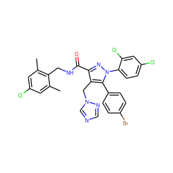 Cc1cc(Cl)cc(C)c1CNC(=O)c1nn(-c2ccc(Cl)cc2Cl)c(-c2ccc(Br)cc2)c1Cn1cncn1 ZINC000049763270