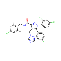 Cc1cc(Cl)cc(C)c1CNC(=O)c1nn(-c2ccc(Cl)cc2Cl)c(-c2ccc(Cl)cc2)c1Cn1cncn1 ZINC000049761959