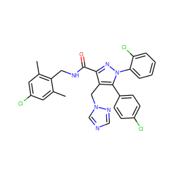 Cc1cc(Cl)cc(C)c1CNC(=O)c1nn(-c2ccccc2Cl)c(-c2ccc(Cl)cc2)c1Cn1cncn1 ZINC000049756229