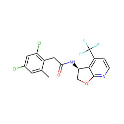 Cc1cc(Cl)cc(Cl)c1CC(=O)N[C@@H]1COc2nccc(C(F)(F)F)c21 ZINC000146658376