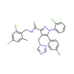 Cc1cc(Cl)cc(Cl)c1CNC(=O)c1nn(-c2ccccc2Cl)c(-c2ccc(Br)cc2)c1Cn1cncn1 ZINC000049762227