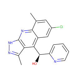 Cc1cc(Cl)cc2c([C@H](O)c3ccccn3)c3c(C)n[nH]c3nc12 ZINC000082155060