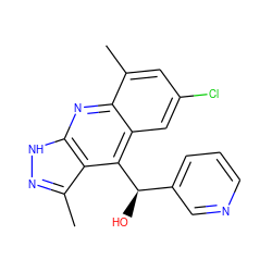 Cc1cc(Cl)cc2c([C@H](O)c3cccnc3)c3c(C)n[nH]c3nc12 ZINC000082154170