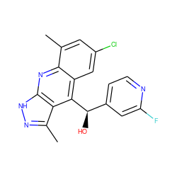 Cc1cc(Cl)cc2c([C@H](O)c3ccnc(F)c3)c3c(C)n[nH]c3nc12 ZINC000082155065