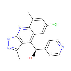 Cc1cc(Cl)cc2c([C@H](O)c3ccncc3)c3c(C)n[nH]c3nc12 ZINC000082152169