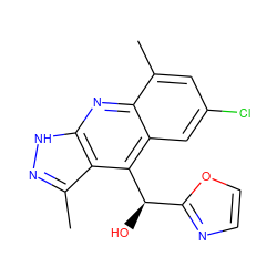 Cc1cc(Cl)cc2c([C@H](O)c3ncco3)c3c(C)n[nH]c3nc12 ZINC000082155069