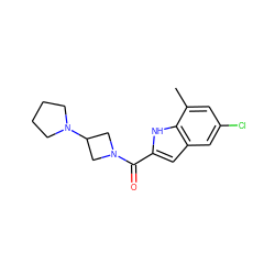 Cc1cc(Cl)cc2cc(C(=O)N3CC(N4CCCC4)C3)[nH]c12 ZINC000084670746