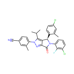 Cc1cc(Cl)ccc1[C@@H]1c2c(nn(-c3ccc(C#N)cc3C)c2C(C)C)C(=O)N1c1cccc(Cl)c1F ZINC000224060891