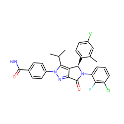 Cc1cc(Cl)ccc1[C@@H]1c2c(nn(-c3ccc(C(N)=O)cc3)c2C(C)C)C(=O)N1c1cccc(Cl)c1F ZINC000206156244