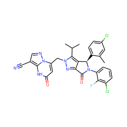 Cc1cc(Cl)ccc1[C@@H]1c2c(nn(Cc3cc(=O)[nH]c4c(C#N)cnn34)c2C(C)C)C(=O)N1c1cccc(Cl)c1F ZINC000261177058