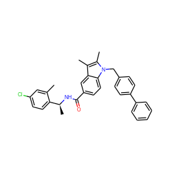 Cc1cc(Cl)ccc1[C@H](C)NC(=O)c1ccc2c(c1)c(C)c(C)n2Cc1ccc(-c2ccccc2)cc1 ZINC000207189450