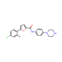 Cc1cc(Cl)ccc1-c1ccc(C(=O)Nc2ccc(N3CCNCC3)cc2)o1 ZINC000084587309