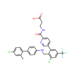 Cc1cc(Cl)ccc1-c1ccc(NCc2c(Cl)cc(C(F)(F)F)cc2-c2ccc(C(=O)NCCC(=O)O)nc2)cc1 ZINC000148101973