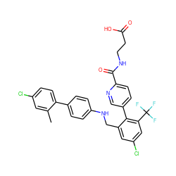 Cc1cc(Cl)ccc1-c1ccc(NCc2cc(Cl)cc(C(F)(F)F)c2-c2ccc(C(=O)NCCC(=O)O)nc2)cc1 ZINC000473101769