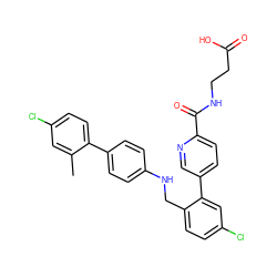 Cc1cc(Cl)ccc1-c1ccc(NCc2ccc(Cl)cc2-c2ccc(C(=O)NCCC(=O)O)nc2)cc1 ZINC000148421121