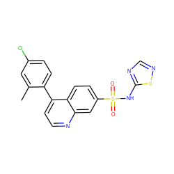Cc1cc(Cl)ccc1-c1ccnc2cc(S(=O)(=O)Nc3ncns3)ccc12 ZINC000215509529