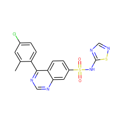 Cc1cc(Cl)ccc1-c1ncnc2cc(S(=O)(=O)Nc3ncns3)ccc12 ZINC000225113751