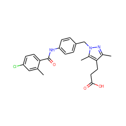 Cc1cc(Cl)ccc1C(=O)Nc1ccc(Cn2nc(C)c(CCC(=O)O)c2C)cc1 ZINC000113989544