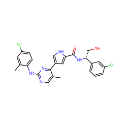 Cc1cc(Cl)ccc1Nc1ncc(C)c(-c2c[nH]c(C(=O)N[C@H](CO)c3cccc(Cl)c3)c2)n1 ZINC000045254390