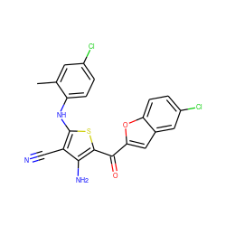 Cc1cc(Cl)ccc1Nc1sc(C(=O)c2cc3cc(Cl)ccc3o2)c(N)c1C#N ZINC000001568969