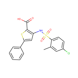 Cc1cc(Cl)ccc1S(=O)(=O)Nc1cc(-c2ccccc2)sc1C(=O)O ZINC000013589564