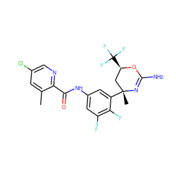 Cc1cc(Cl)cnc1C(=O)Nc1cc(F)c(F)c([C@]2(C)C[C@@H](C(F)(F)F)OC(N)=N2)c1 ZINC000223539137