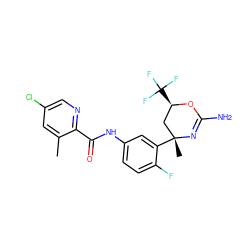 Cc1cc(Cl)cnc1C(=O)Nc1ccc(F)c([C@]2(C)C[C@@H](C(F)(F)F)OC(N)=N2)c1 ZINC000218660756