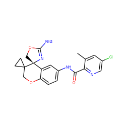 Cc1cc(Cl)cnc1C(=O)Nc1ccc2c(c1)[C@]1(COC(N)=N1)C1(CC1)CO2 ZINC000149357346