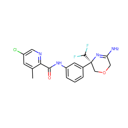 Cc1cc(Cl)cnc1C(=O)Nc1cccc([C@]2(C(F)F)COCC(N)=N2)c1 ZINC000113657137