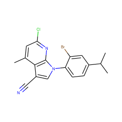 Cc1cc(Cl)nc2c1c(C#N)cn2-c1ccc(C(C)C)cc1Br ZINC000013794645