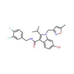 Cc1cc(Cn2c(C(C)C)c(C(=O)NCc3ccc(F)c(F)c3)c3ccc(O)cc32)no1 ZINC000096172203