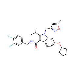 Cc1cc(Cn2c(C(C)C)c(C(=O)NCc3ccc(F)c(F)c3)c3ccc(OC4CCCC4)cc32)no1 ZINC000096172204