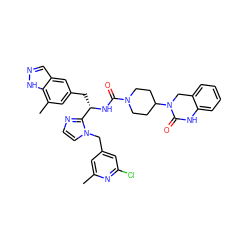 Cc1cc(Cn2ccnc2[C@H](Cc2cc(C)c3[nH]ncc3c2)NC(=O)N2CCC(N3Cc4ccccc4NC3=O)CC2)cc(Cl)n1 ZINC000096284743