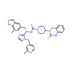 Cc1cc(Cn2ccnc2[C@H](Cc2cc(C)c3[nH]ncc3c2)NC(=O)N2CCC(N3Cc4ccccc4NC3=O)CC2)ccn1 ZINC000096284745