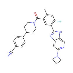 Cc1cc(F)c(-c2nc3cc(N4CCC4)ncc3[nH]2)cc1C(=O)N1CCC(c2ccc(C#N)cc2)CC1 ZINC000150153104