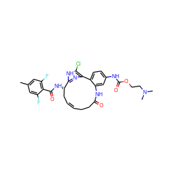 Cc1cc(F)c(C(=O)N[C@H]2C/C=C/CCC(=O)Nc3cc(NC(=O)OCCN(C)C)ccc3-c3nc2[nH]c3Cl)c(F)c1 ZINC000114230251