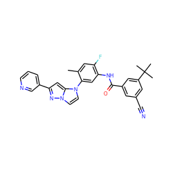 Cc1cc(F)c(NC(=O)c2cc(C#N)cc(C(C)(C)C)c2)cc1-n1ccn2nc(-c3cccnc3)cc12 ZINC000224197050