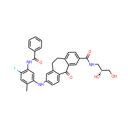 Cc1cc(F)c(NC(=O)c2ccccc2)cc1Nc1ccc2c(c1)CCc1ccc(C(=O)NC[C@@H](O)CO)cc1C2=O ZINC001772616596