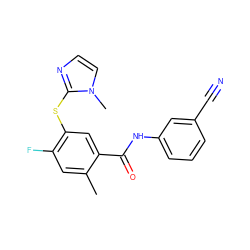 Cc1cc(F)c(Sc2nccn2C)cc1C(=O)Nc1cccc(C#N)c1 ZINC000084758439