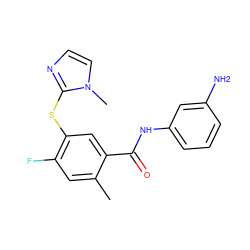 Cc1cc(F)c(Sc2nccn2C)cc1C(=O)Nc1cccc(N)c1 ZINC000084758411