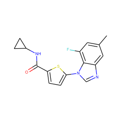 Cc1cc(F)c2c(c1)ncn2-c1ccc(C(=O)NC2CC2)s1 ZINC000084605212