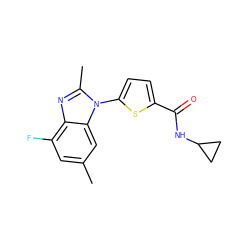 Cc1cc(F)c2nc(C)n(-c3ccc(C(=O)NC4CC4)s3)c2c1 ZINC000084633452