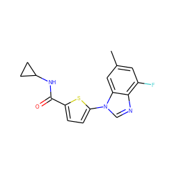 Cc1cc(F)c2ncn(-c3ccc(C(=O)NC4CC4)s3)c2c1 ZINC000084638487