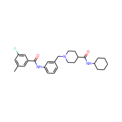 Cc1cc(F)cc(C(=O)Nc2cccc(CN3CCC(C(=O)NC4CCCCC4)CC3)c2)c1 ZINC000210662315