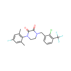 Cc1cc(F)cc(C)c1N1CCN(Cc2cccc(C(F)(F)F)c2Cl)C(=O)C1=O ZINC000095565490