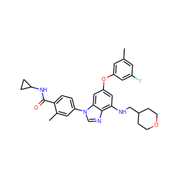 Cc1cc(F)cc(Oc2cc(NCC3CCOCC3)c3ncn(-c4ccc(C(=O)NC5CC5)c(C)c4)c3c2)c1 ZINC000203531056