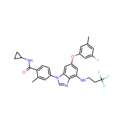 Cc1cc(F)cc(Oc2cc(NCCC(F)(F)F)c3ncn(-c4ccc(C(=O)NC5CC5)c(C)c4)c3c2)c1 ZINC000147643346