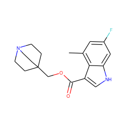 Cc1cc(F)cc2[nH]cc(C(=O)OCC34CCN(CC3)CC4)c12 ZINC001772635329